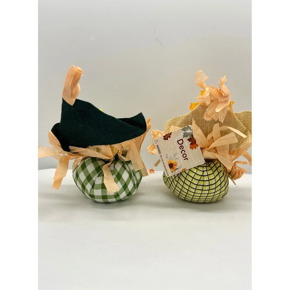 Autumn Scarecrow Figurine Set 2pc Green Yellow Gingham Plaid Fall Harvest Decor